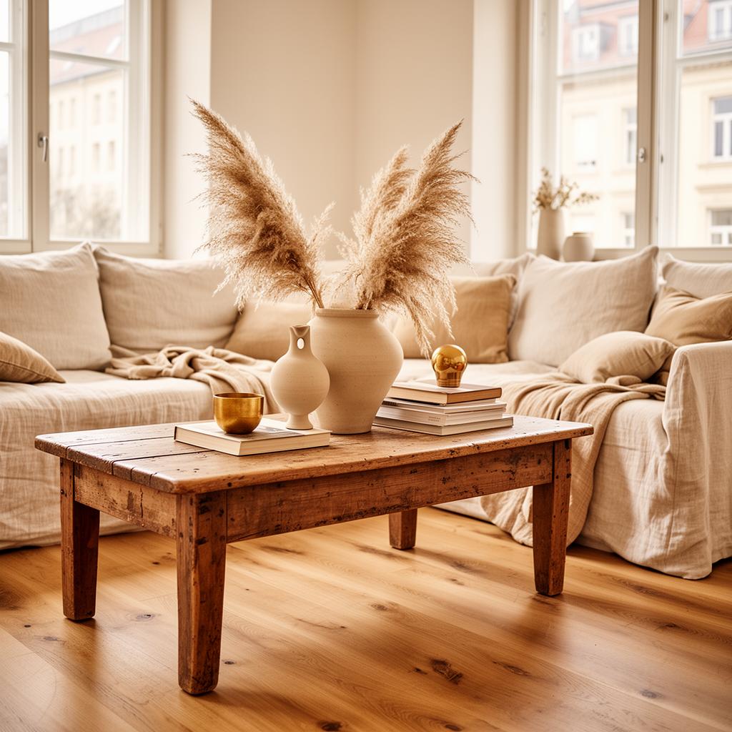 Ästhetisches Berliner Wohnzimmer mit Leinensofa, Holztisch und warmem Licht